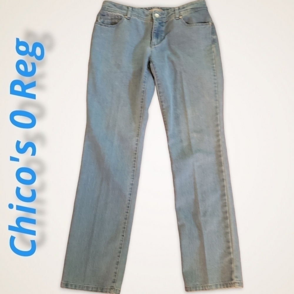 Chico's Midrise Jeans Embellished Pocket Light Wash 0 Reg 30x30.5 EUC